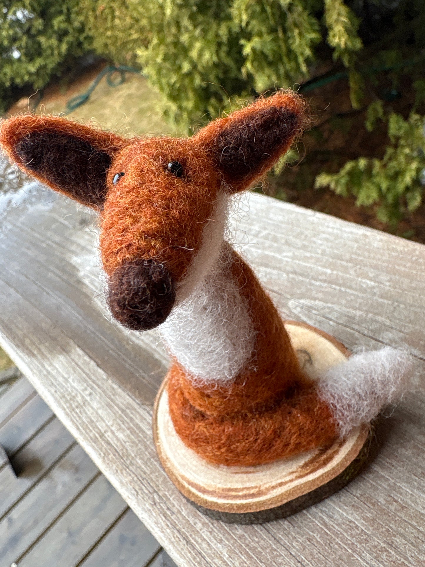 #jimmythefox Felted  Fox Sculpture on Wood Disc